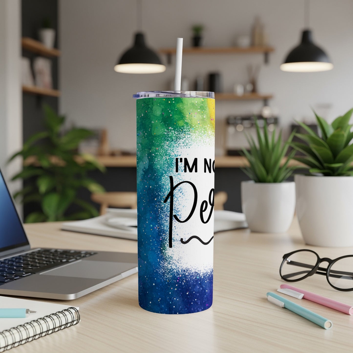Green, blue, and yellow splatter tumbler with "I'm not perfect" text.