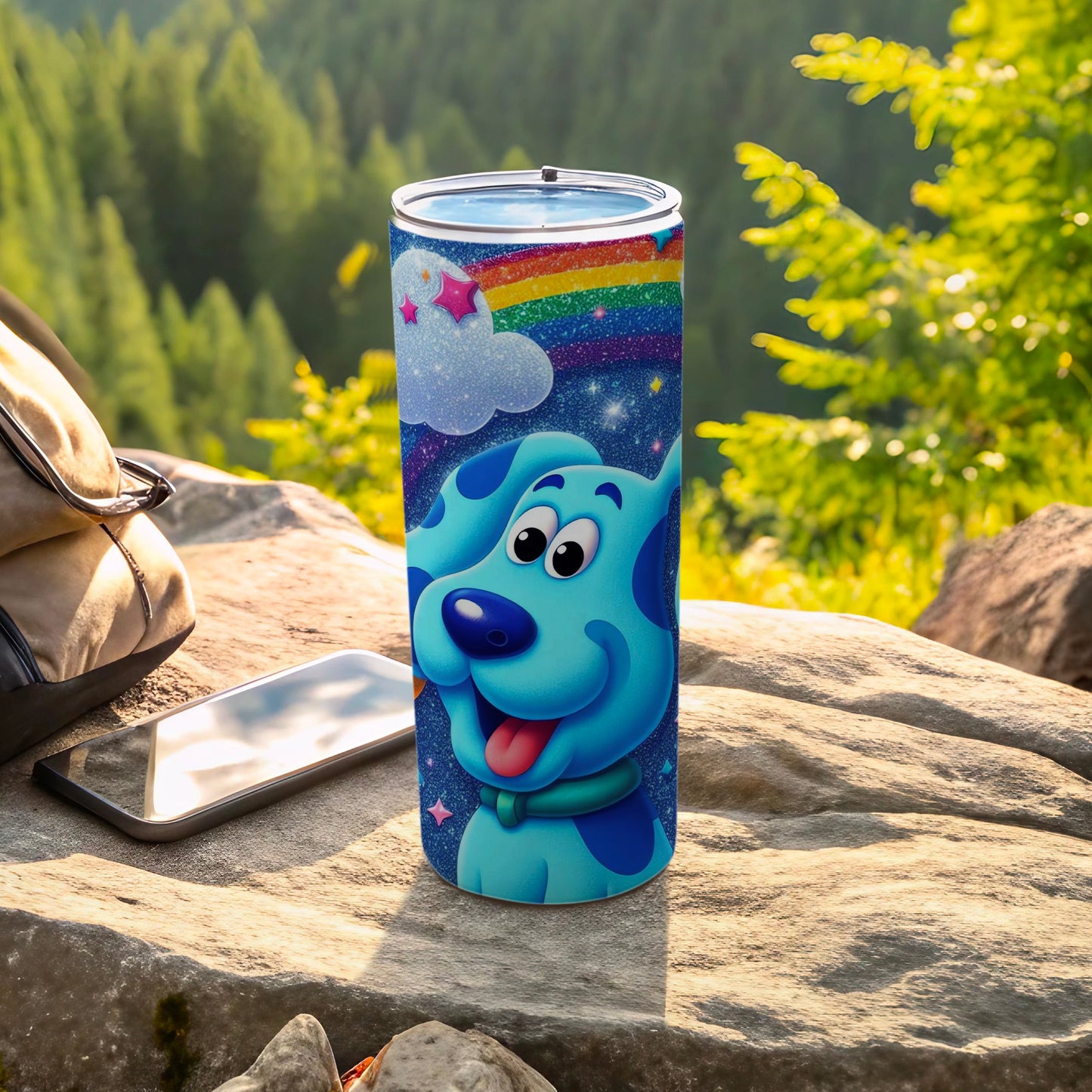 Cute Blue Cartoon Dog with Rainbow Design Tumbler