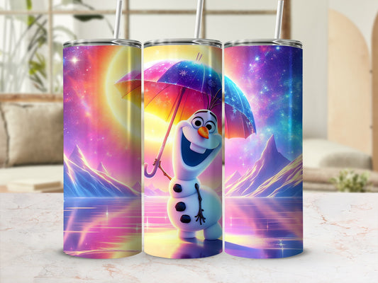 Vibrant Cartoon Character Tumbler with Colorful Landscape