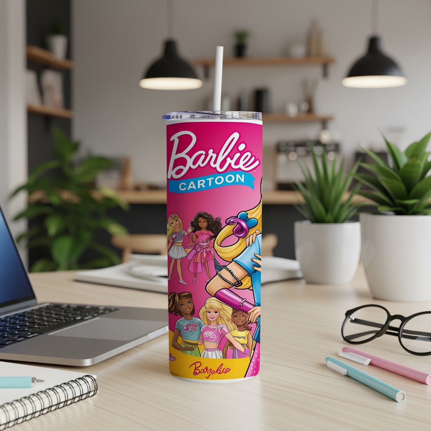 Barbie Cartoon tumbler with multiple Barbie characters in colorful outfits.