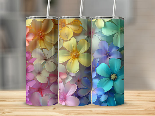 Three tumblers with floral patterns in pink, yellow, and teal.