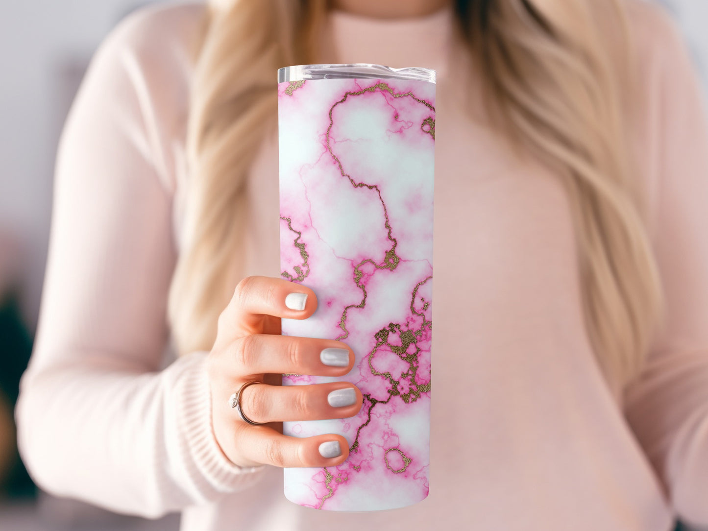 Pink Marble Gold Veins Design Elegant Style Tumblers