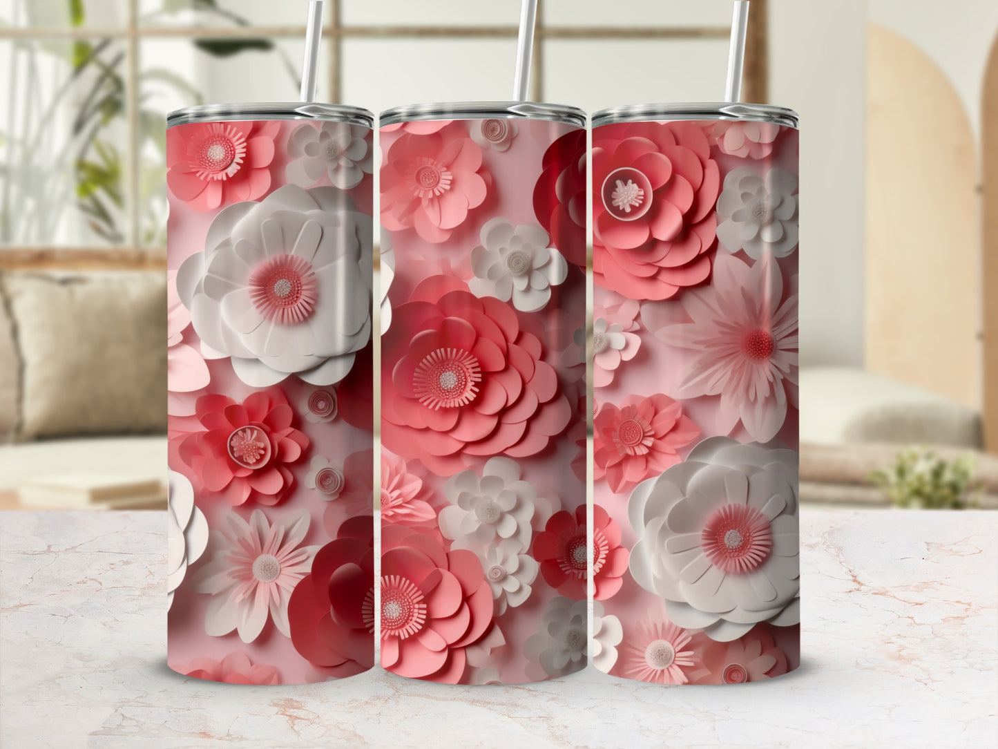 Elegant Pink and White Floral Design Tumbler Cup