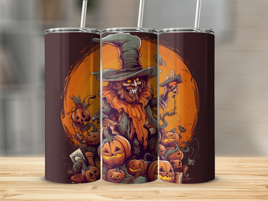 Halloween tumbler with a scary scarecrow and pumpkins design