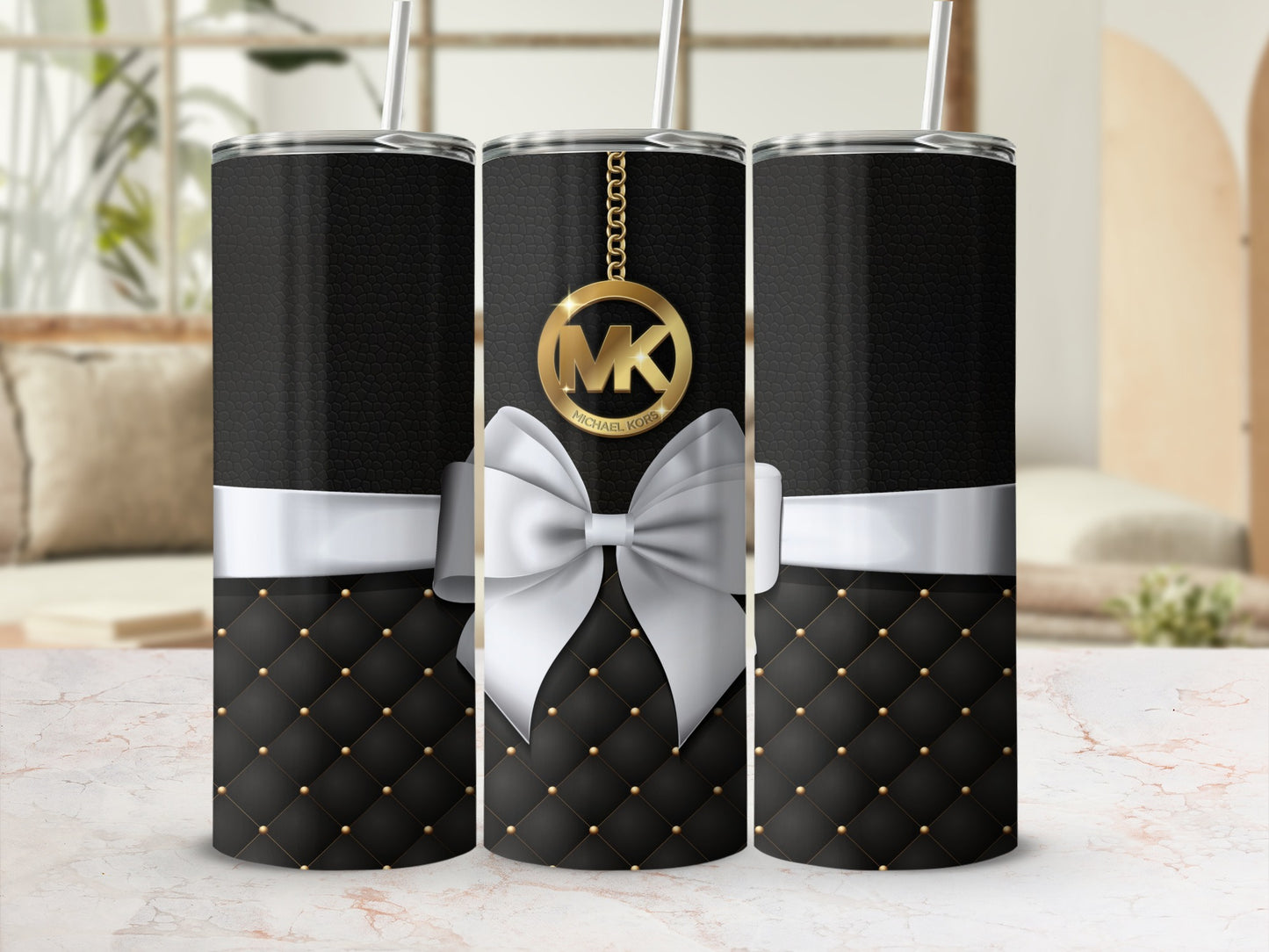 Elegant Black and White Tumbler with Gold MK Charm