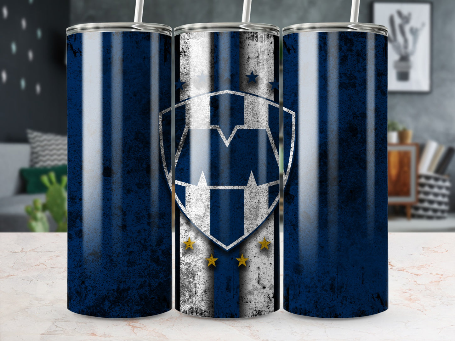 Blue and White Shield Design on Tumbler