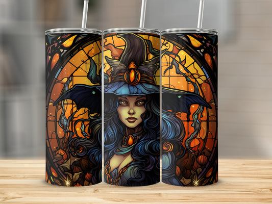 Three tumblers featuring a witch with long dark hair and a blue hat.