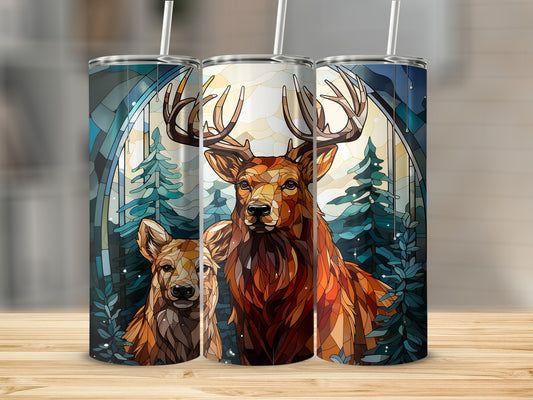 Three tumblers featuring a deer and fawn against a stained-glass forest backdrop.