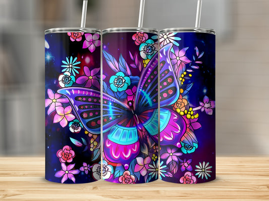 Three tumblers with vibrant butterfly and floral designs on a dark, starry background.