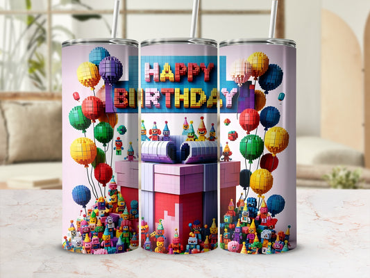 Happy Birthday Pixel Art Themed Tumbler