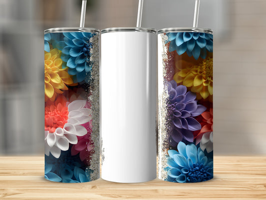 White tumbler with vibrant floral design and glitter accents.