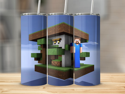 Minecraft style house with Steve character on floating island.