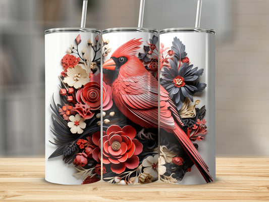 Cardinal bird with floral arrangement on white tumbler cups.