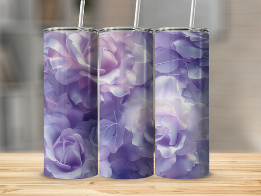 Three tumblers with a purple floral watercolor design sit on a wooden surface.