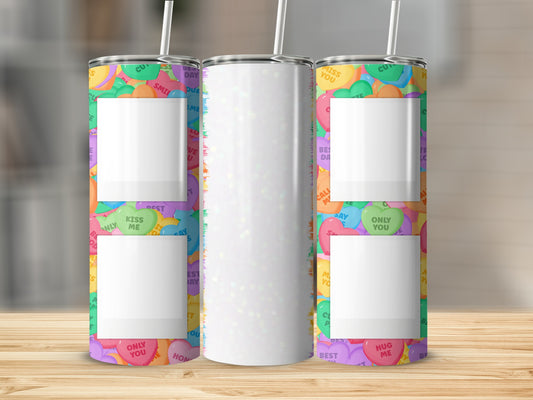 Tumbler with Valentine's Day conversation hearts pattern and three blank white squares.