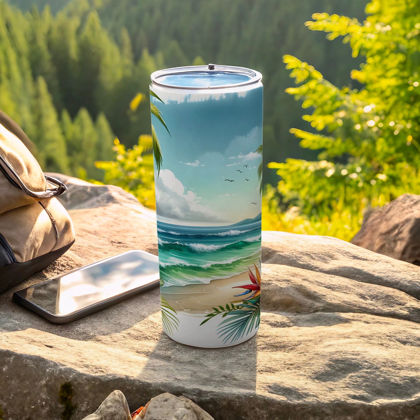 Tropical beach scene tumbler with palm trees, waves, and a bird of paradise flower.
