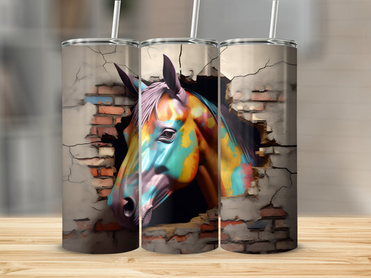 Colorful horse bursting through a brick wall on a tumbler.