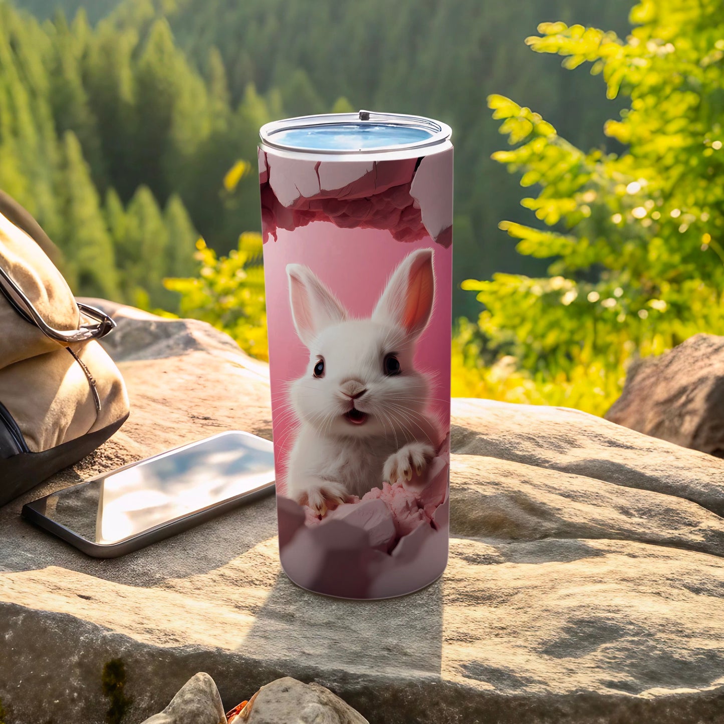 Adorable White Rabbit in Pink Solid Background Tumbler