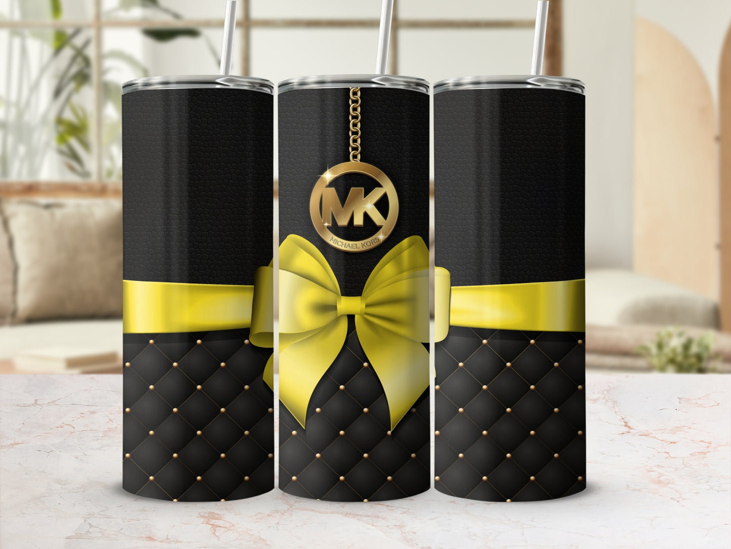 Elegant Black and Gold Insulated Tumbler with Ribbon Design