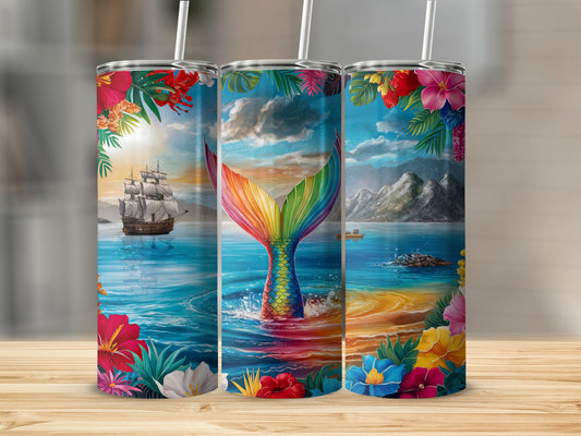 Triptych of tumblers with tropical floral frames and a mermaid tail scene.