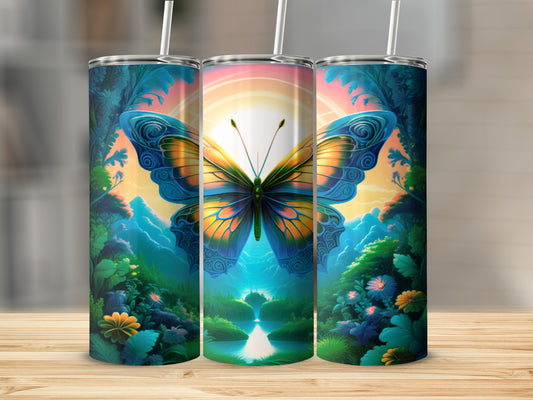 Butterfly on a sunset forest background wraps three tumblers.