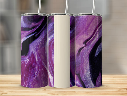 Three tumblers with purple and black marble design and cream center panel.