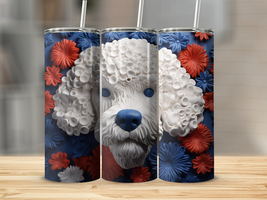 Dog face with floral pattern, blue nose, on three tumblers.