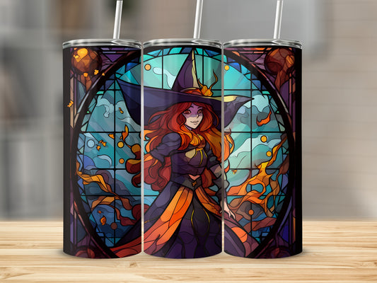 Three tumblers featuring a witch with orange hair and a stained-glass window background.