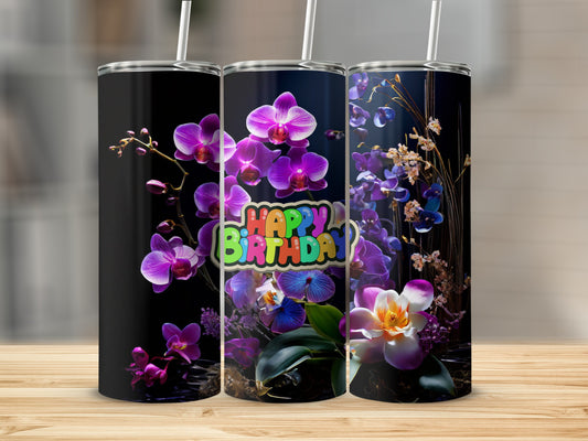 Tumbler with colorful "Happy Birthday" text and purple orchids.