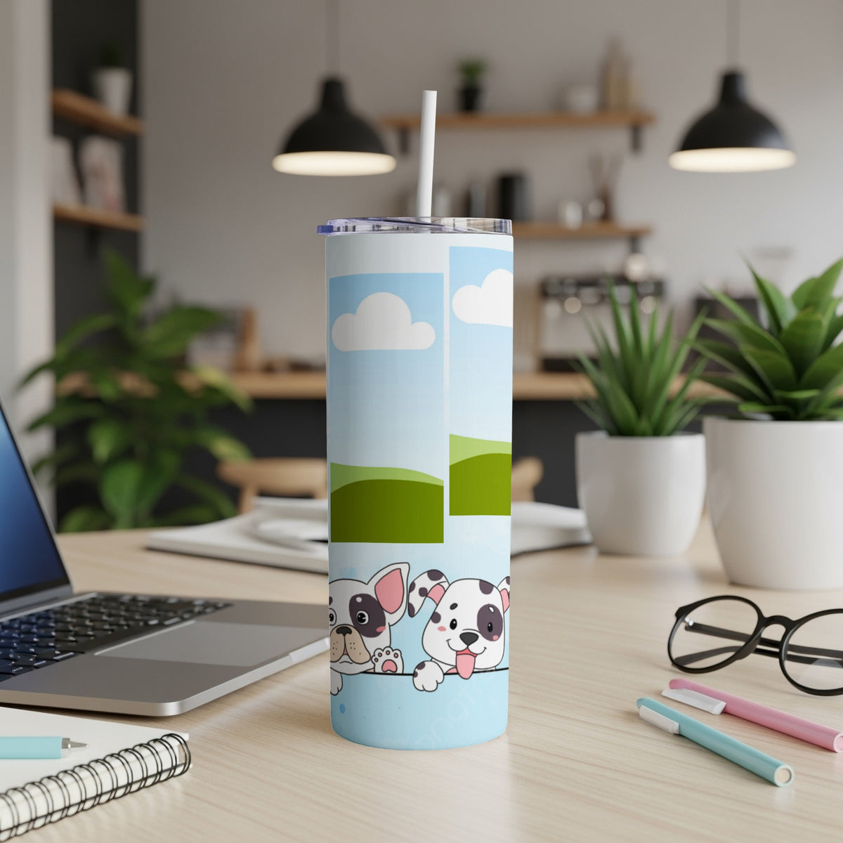Tall tumbler with cartoon dogs and a sky and grass landscape design.