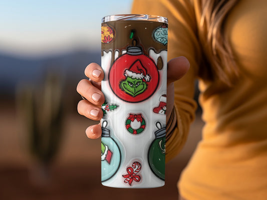 Holiday Themed Grinch Ornament Design Tumbler Cup