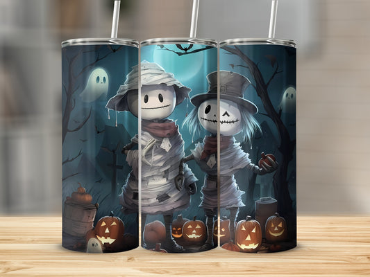Halloween tumblers featuring mummy and skeleton figures with pumpkins and ghosts.