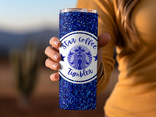 Blue Glitter Star Coffee Tumbler with Logo Design