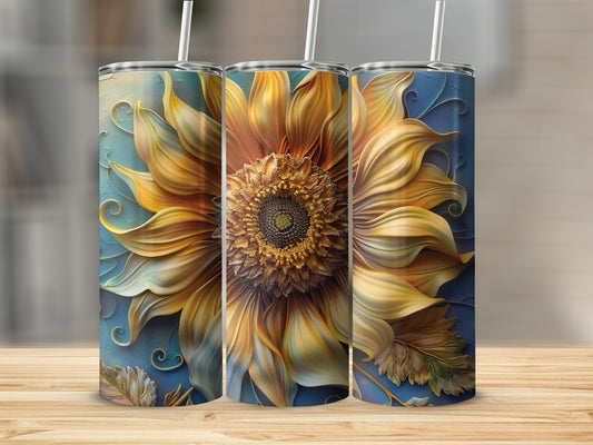 Sunflower art on three cylindrical tumblers with straws.