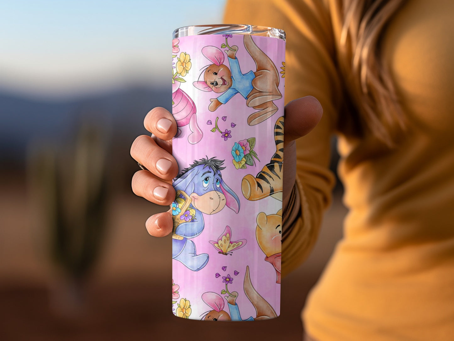 Winnie The Pooh Friends and Flowers Pattern Pink Tumblers