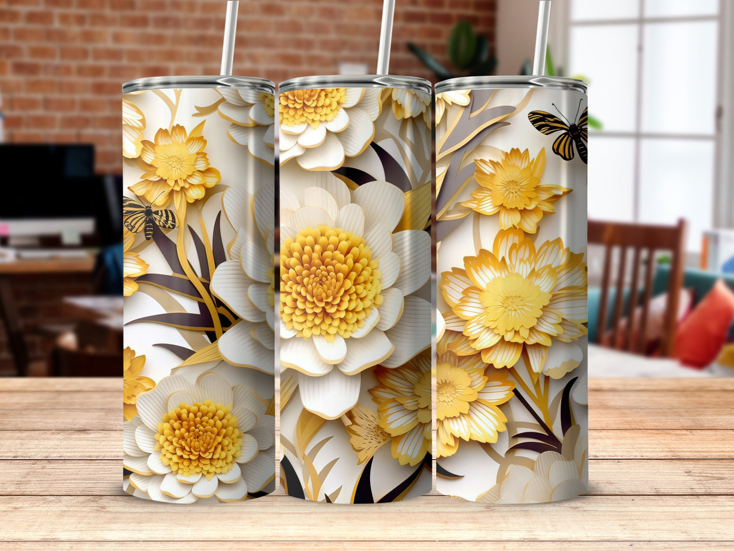 Elegant Yellow Floral Design Double Wall Tumblers