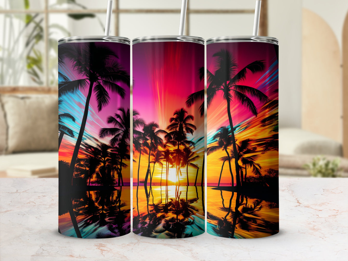 Tropical Paradise Sunset Palm Trees Tumbler