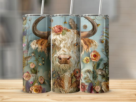 Highland cow with flowers, presented on three tumblers.