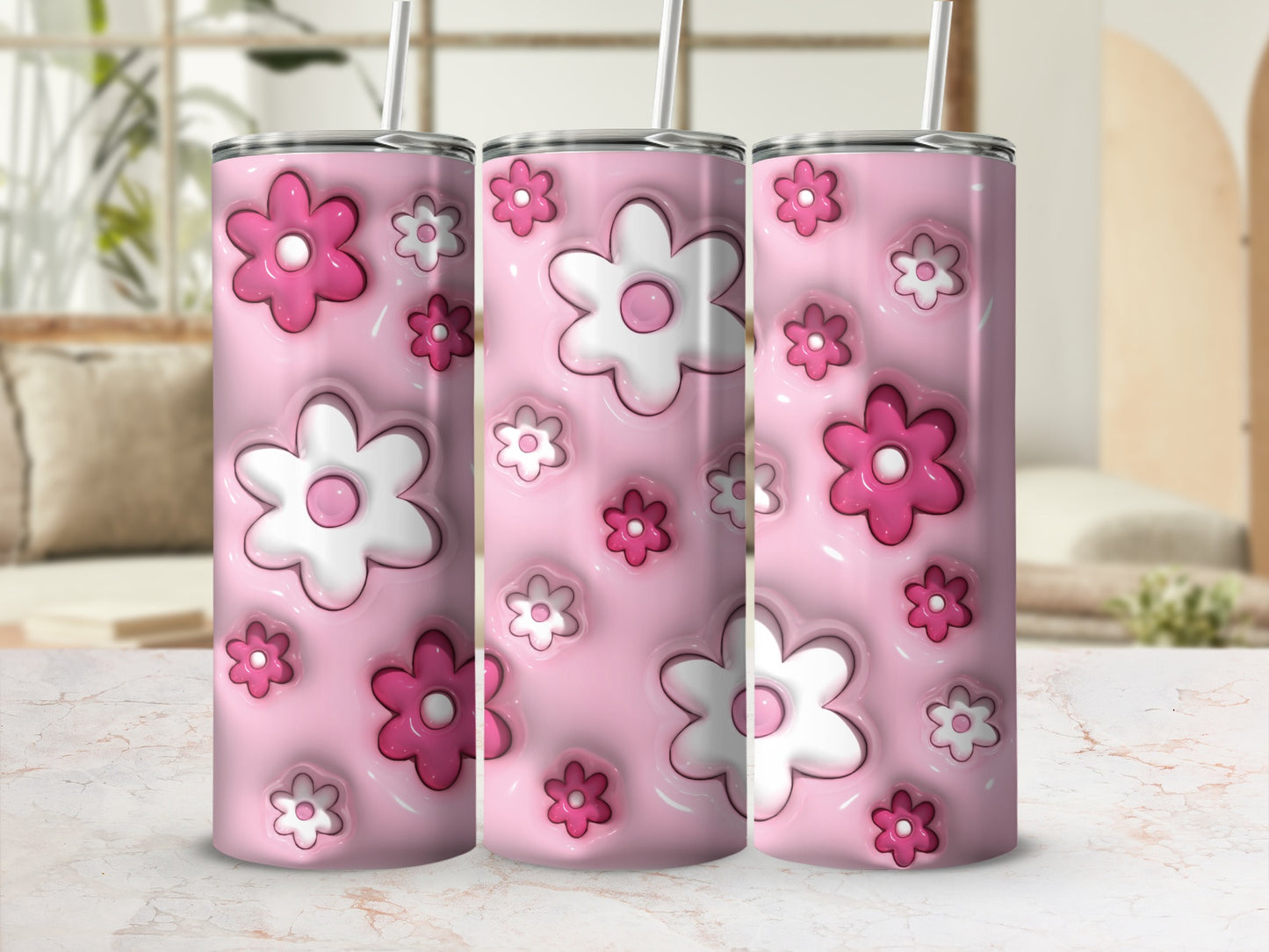 Cute Pink Floral Pattern Insulated Tumbler Cup