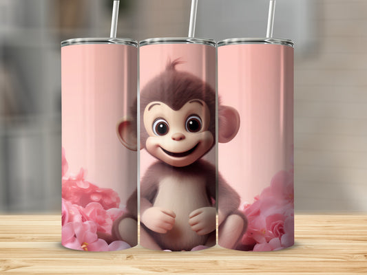 Cute Smiling Cartoon Monkey Pink Floral Tumbler product type
