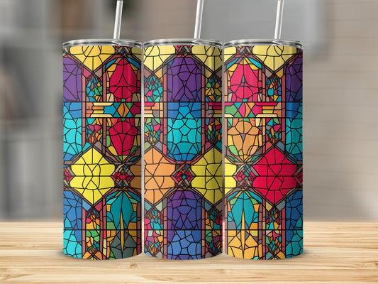 Three tumblers featuring a stained glass pattern in bold, colorful geometric shapes.