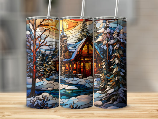 Three tumblers featuring a stained glass winter cabin scene with snow-covered trees.