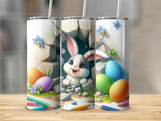 Easter bunny peeking through cracked wall with colorful eggs and pencils.