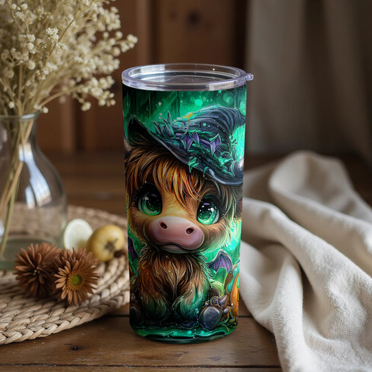 Adorable Highland Cow Tumbler with Witch Hat Design