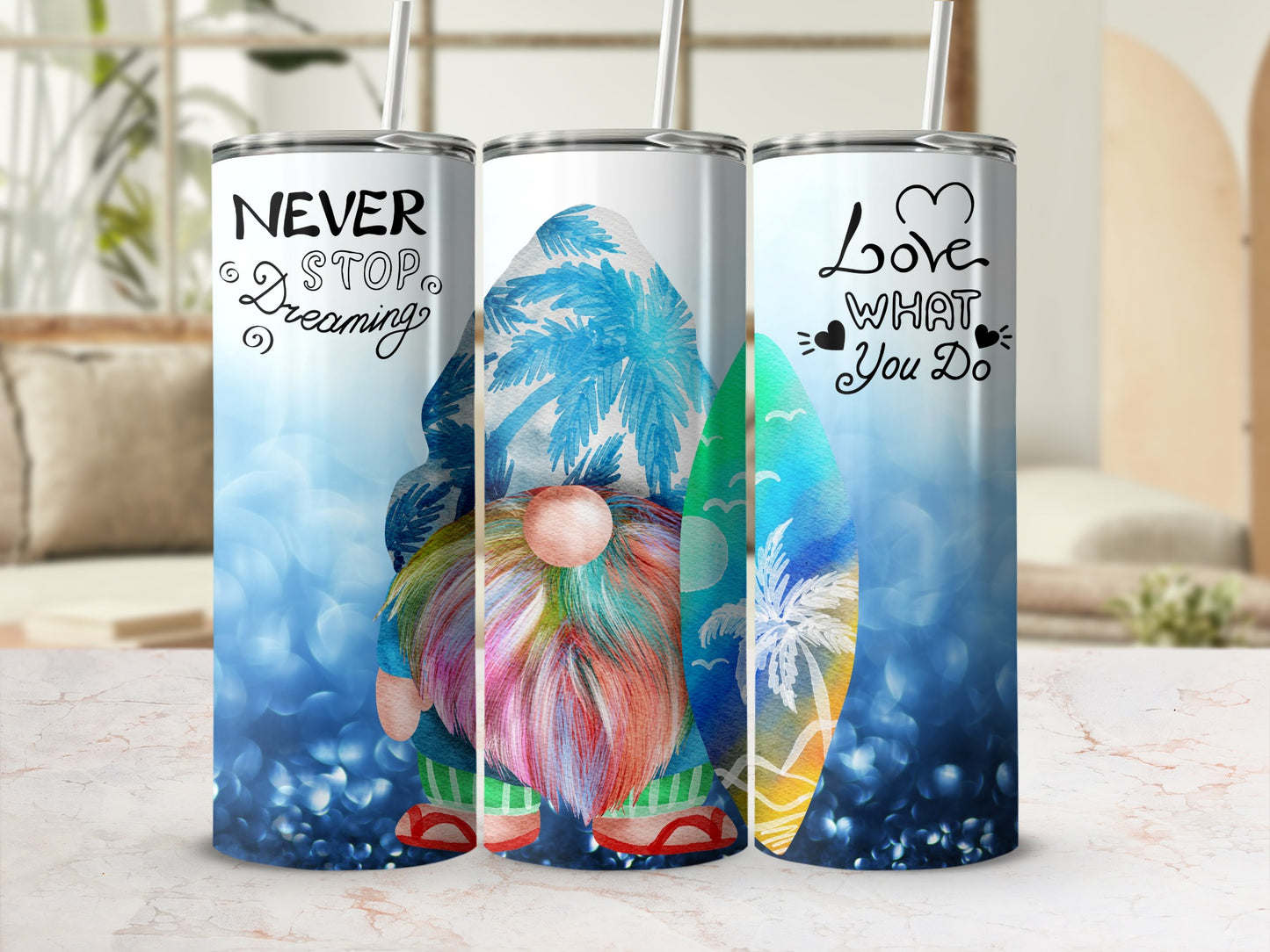 Colorful Gnome Never Stop Dreaming Love Tumbler Set