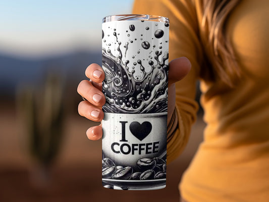 I Love Coffee Splash Art on Tumbler for Coffee Lovers