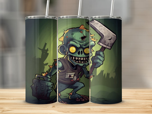 Tumbler with cartoon zombie holding axe and severed head.