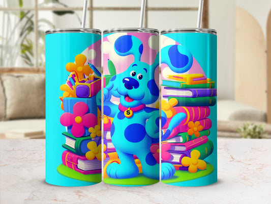 Cartoon Blue Dog and Flower Print Insulated Travel Tumbler