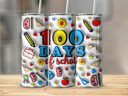 Three tumblers with "100 Days of School" design and school supplies.