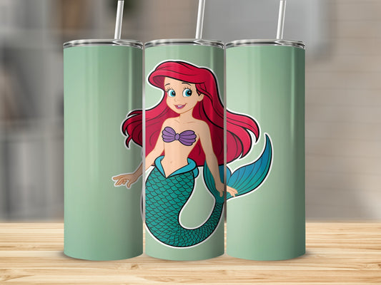 Ariel the mermaid on a mint green tumbler with a white straw.